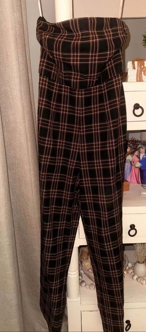 Lulus Black Plaid Strapless Jumpsuit XS